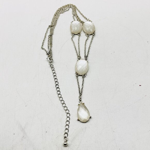 AVON Signed Silver Tone White Oval Cabochon Y Drop Necklace - Picture 3 of 8